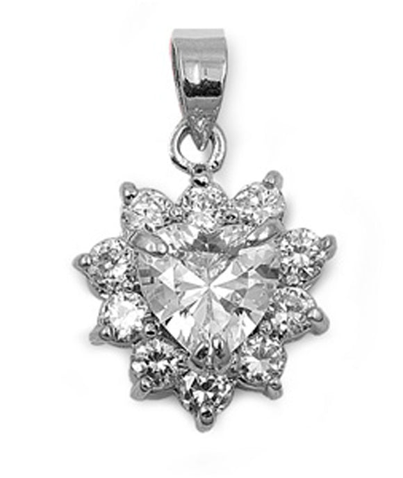 Ornate Burst Heart Pendant Clear Simulated CZ .925 Sterling Silver Love Charm