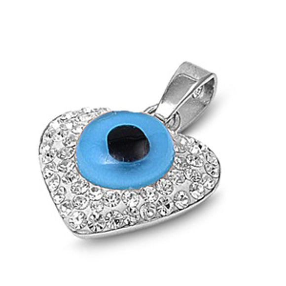 Sterling Silver Evil Eye Unique Promise Heart Pendant Clear Simulated CZ Charm