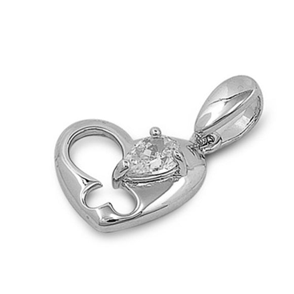 Sterling Silver Shiny Cutout Butterfly Heart Pendant Clear Simulated CZ Charm