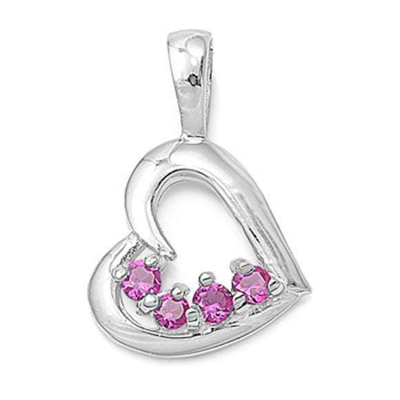 Sterling Silver Outline Shiny Filigree Swirl Heart Pendant Pink Simulated CZ