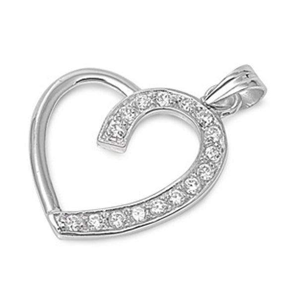 Classic Studded Heart Love Clear Simulated CZ Pendant .925 Sterling Silver Charm