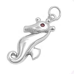 Shiny High Polish Seahorse Pendant Simulated Garnet .925 Sterling Silver Charm