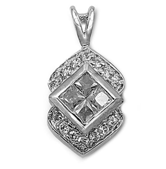 Bohemian Solitaire Square Pendant Clear Simulated CZ .925 Sterling Silver Charm