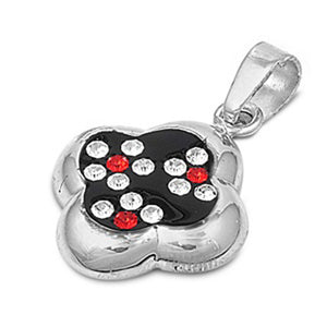 High Polish Clover Flower Pendant Simulated Garnet .925 Sterling Silver Charm