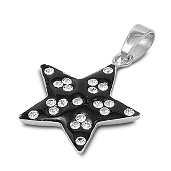 Black Studded Star Pendant Clear Simulated CZ .925 Sterling Silver Sky Charm