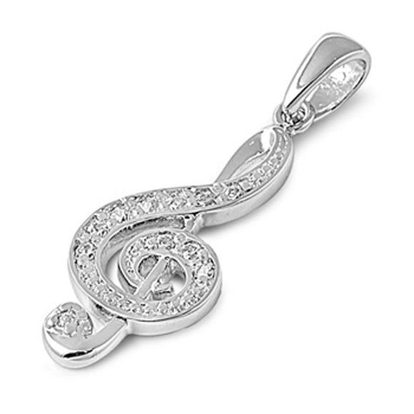 Filigree Swirl Music Note Pendant Clear Simulated CZ .925 Sterling Silver Charm
