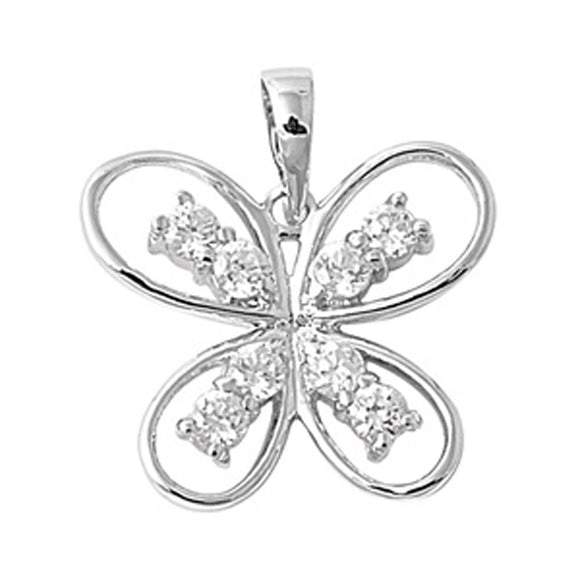 High Polish Butterfly Pendant Clear Simulated CZ .925 Sterling Silver Charm