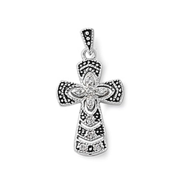 Bold Flower Cross Pendant Clear Simulated CZ .925 Sterling Silver Studded Charm
