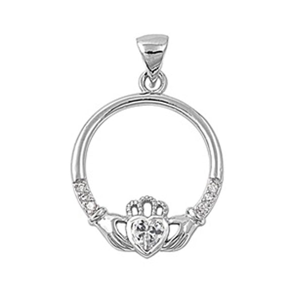 Sterling Silver Heart Traditional Celtic Claddagh Pendant Clear Simulated CZ