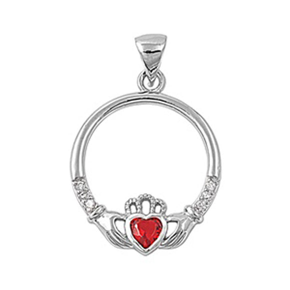 Heart Simple Claddagh Hoop Pendant Simulated Garnet .925 Sterling Silver Charm