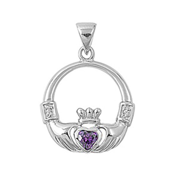 Sterling Silver Classic Claddagh Hoop Crown Simulated Amethyst Pendant Charm