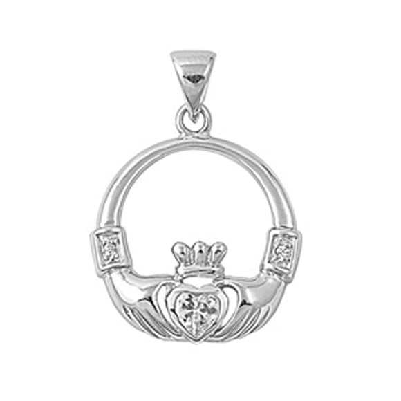 Sterling Silver Heart Traditional Celtic Claddagh Pendant Clear Simulated CZ