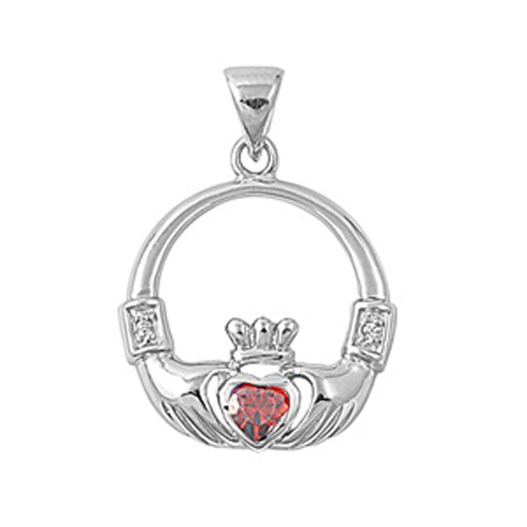 Sterling Silver Promise Heart Celtic Claddagh Hoop Pendant Simulated Garnet
