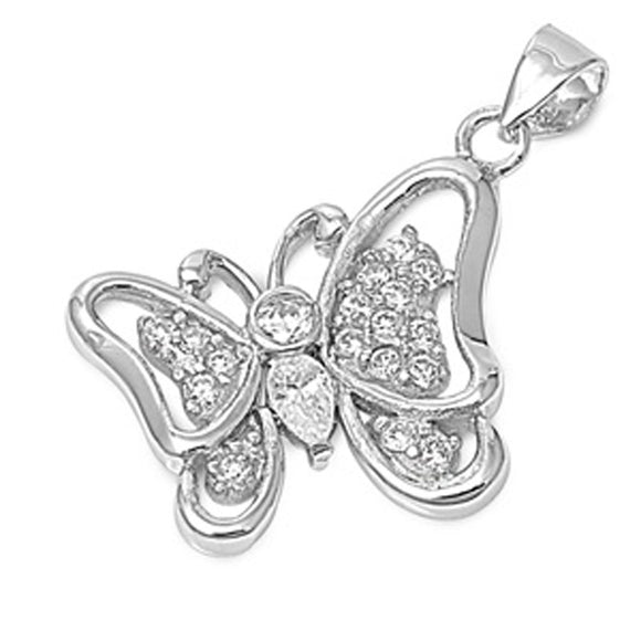 Studded Cluster Butterfly Pendant Clear Simulated CZ .925 Sterling Silver Charm