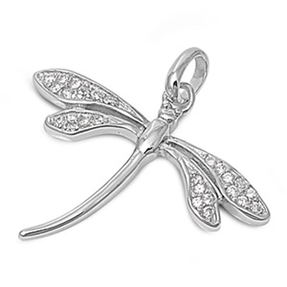 Slender Dragonfly Pendant Clear Simulated CZ .925 Sterling Silver Shiny Charm