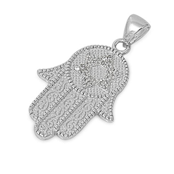 Hamsa Ornate Hand of God Pendant Clear Simulated CZ .925 Sterling Silver Charm