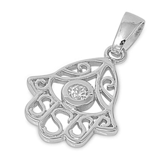 Hamsa Hand of God Pendant Clear Simulated CZ .925 Sterling Silver Cutout Charm