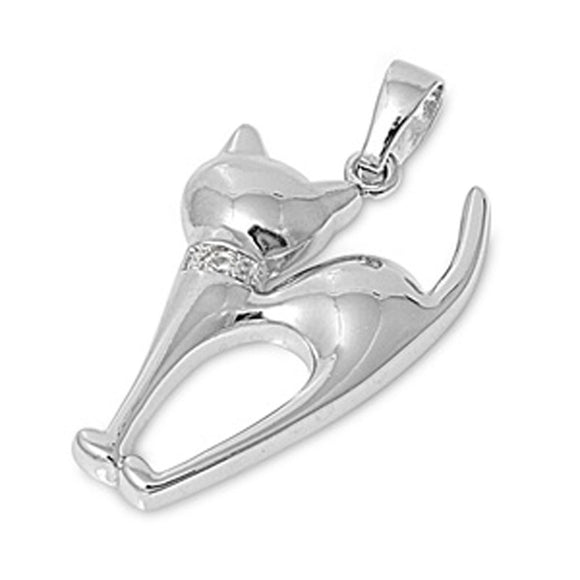 High Polish Cat Pendant Clear Simulated CZ .925 Sterling Silver Elongated Charm