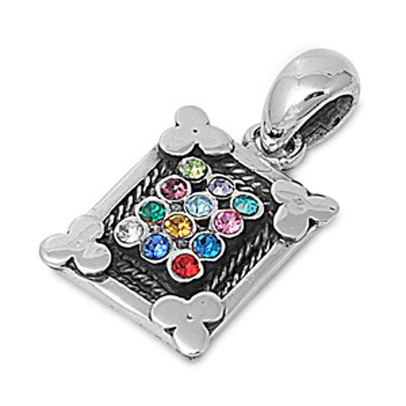 Filigree Rope Frame Pendant Multicolor Simulated CZ .925 Sterling Silver Charm