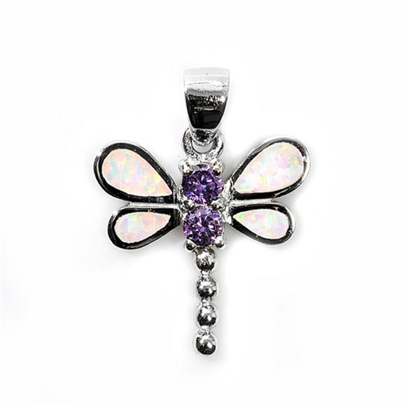 Sterling Silver Studded Teardrop Dragonfly Pendant Simulated Amethyst Charm
