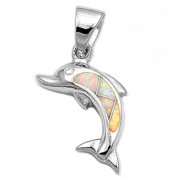 Sparkly Mosaic Dolphin Pendant White Simulated Opal .925 Sterling Silver Charm