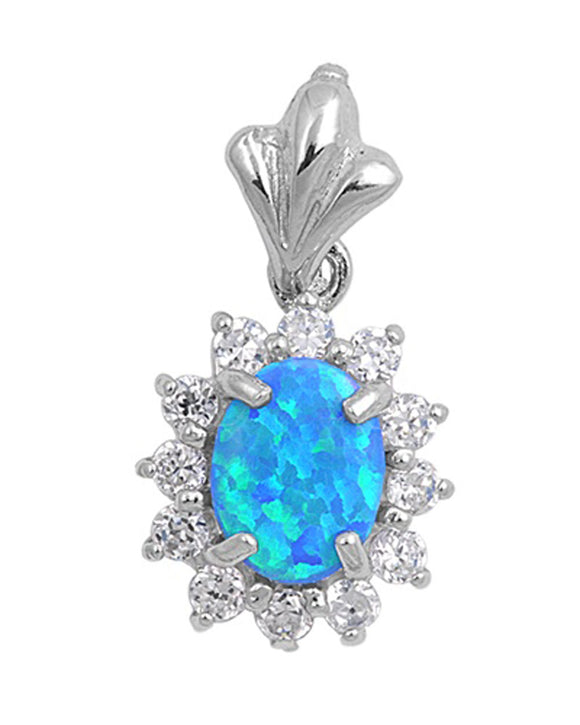 Halo Studded Oval Pendant Blue Simulated Opal .925 Sterling Silver Sparkly Charm