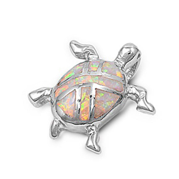 Cute Cross Hatch Turtle Pendant White Simulated Opal .925 Sterling Silver Charm