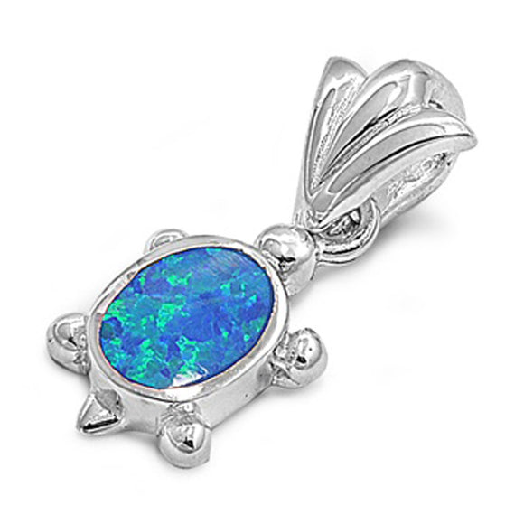 High Polish Turtle Pendant Blue Simulated Opal .925 Sterling Silver Shiny Charm