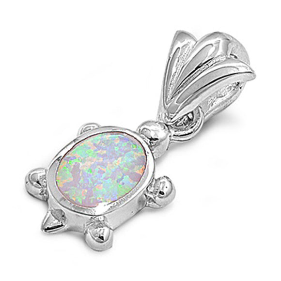 High Polish Turtle Pendant White Simulated Opal .925 Sterling Silver Cute Charm