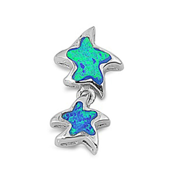 Double Dangling Starfish Pendant Blue Simulated Opal .925 Sterling Silver Charm