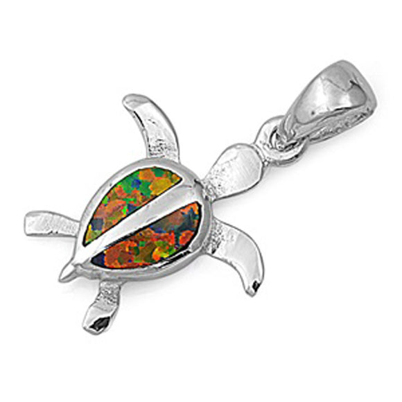 Sparkly Mosaic Turtle Pendant Mystic Simulated Opal .925 Sterling Silver Charm