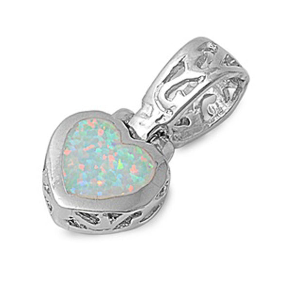 Sterling Silver Filigree Swirl Hinge Heart Pendant White Simulated Opal Charm