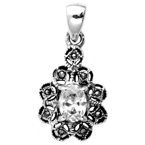 Vintage Studded Oval Pendant Clear Simulated CZ .925 Sterling Silver Charm