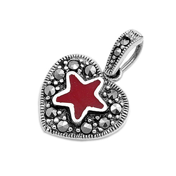Heart Bold Studded Star Pendant Simulated Carnelian .925 Sterling Silver Charm