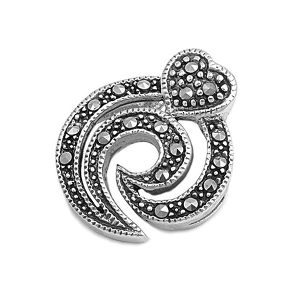 Sterling Silver Swirl Unique Studded Heart Pendant Simulated Marcasite Charm