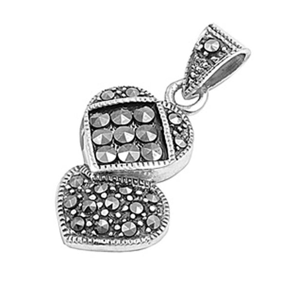 Elegant Studded Heart Pendant Simulated Marcasite .925 Sterling Silver Charm
