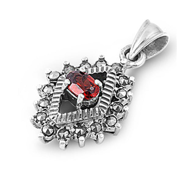 Gothic Pendant Simulated Garnet Simulated Marcasite .925 Sterling Silver Charm