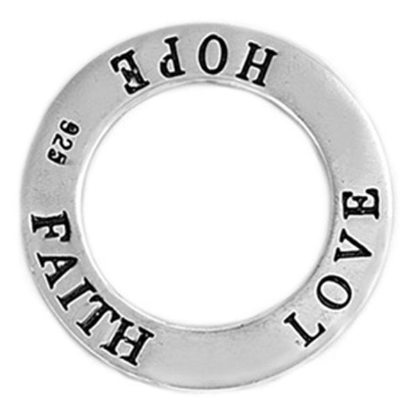 Open Circle Faith Hope Love Quote Pendant .925 Sterling Silver Hanging Charm