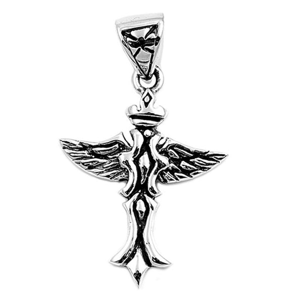 Feather Wing Crown Cross Pendant .925 Sterling Silver Biker Unique Charm