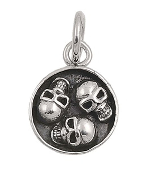 Oxidized Medallion Three Skull Pendant .925 Sterling Silver Round Circle Charm