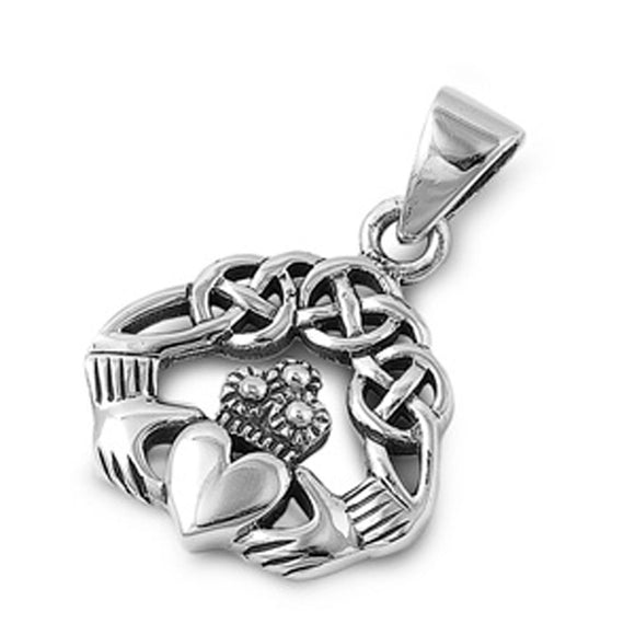 Twisted Braid Celtic Tangled Claddagh Pendant .925 Sterling Silver Heart Charm