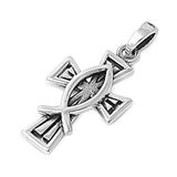 Ichthus Fish Ornate Cross Pendant .925 Sterling Silver Angled Religious Charm