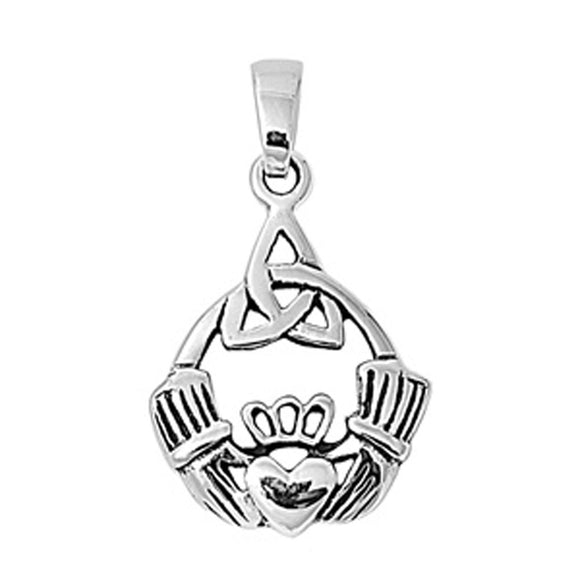 Celtic Knot Detailed Claddagh Pendant .925 Sterling Silver Triquetra Love Charm