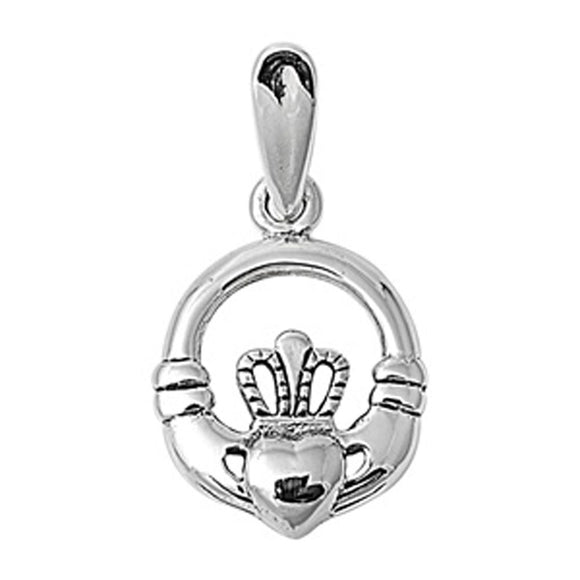 Promise Heart Oval Irish Claddagh Pendant .925 Sterling Silver Love Crown Charm