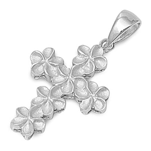 Plumeria Unique Floral Cross Pendant .925 Sterling Silver Flower Blossom Charm