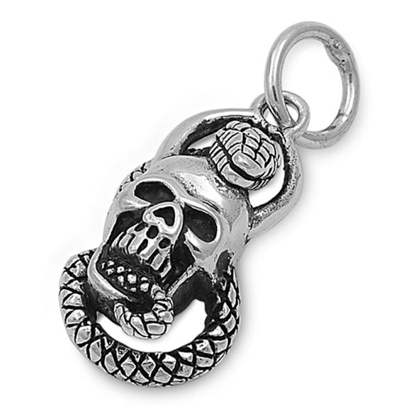 Cross Hatch Snake Oxidized Skull Pendant .925 Sterling Silver Biker Creepy Charm