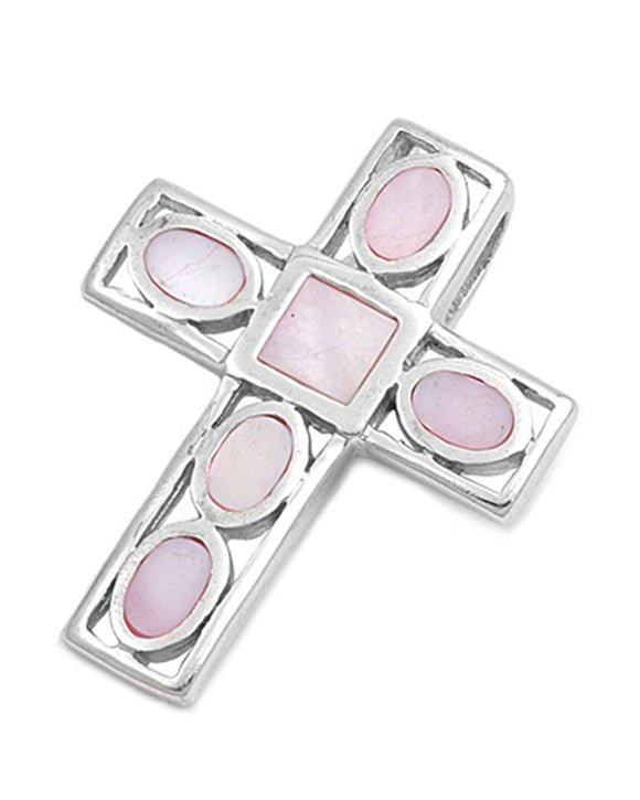 Cutout Oval Cross Pendant Simulated Mother of Pearl .925 Sterling Silver Charm
