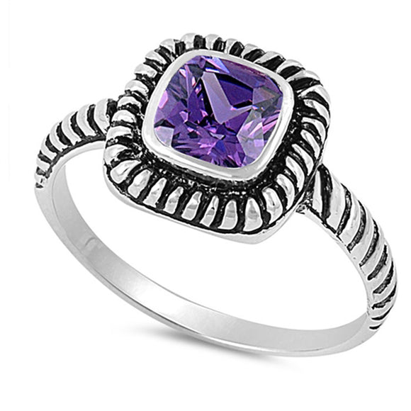 Amethyst CZ Square Solitaire Unique Ring New 925 Sterling Silver Band Sizes 4-10