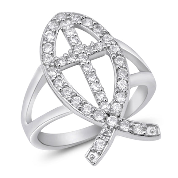 White CZ Micro Pave Cross Fish Christian Ring Sterling Silver Band Sizes 5-9