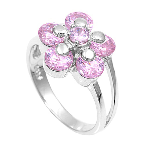 Pink CZ Flower Cluster Unique Ring New .925 Sterling Silver Band Sizes 5-10
